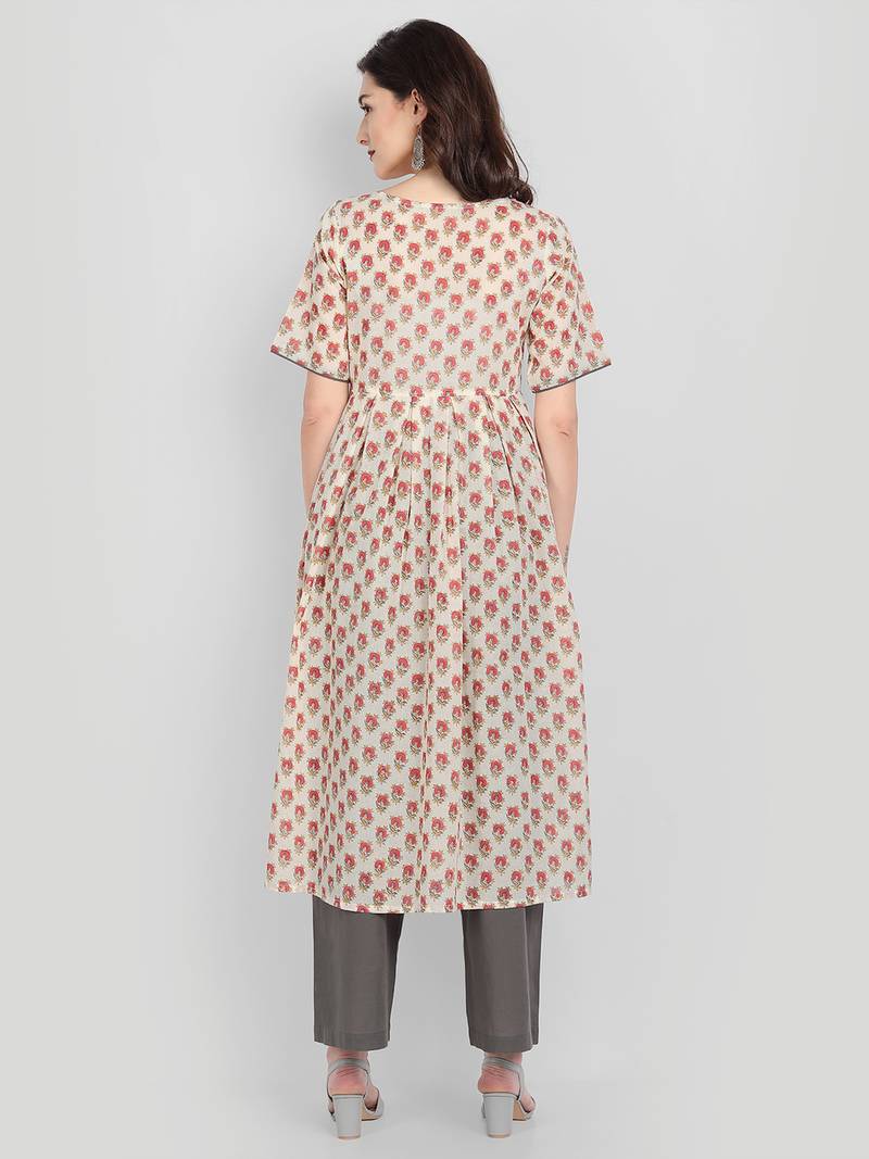 Casual Off White Printed Kurta With Solid Grey Palazzo Pants