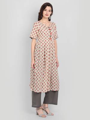 Casual Off White Printed Kurta With Solid Grey Palazzo Pants 3