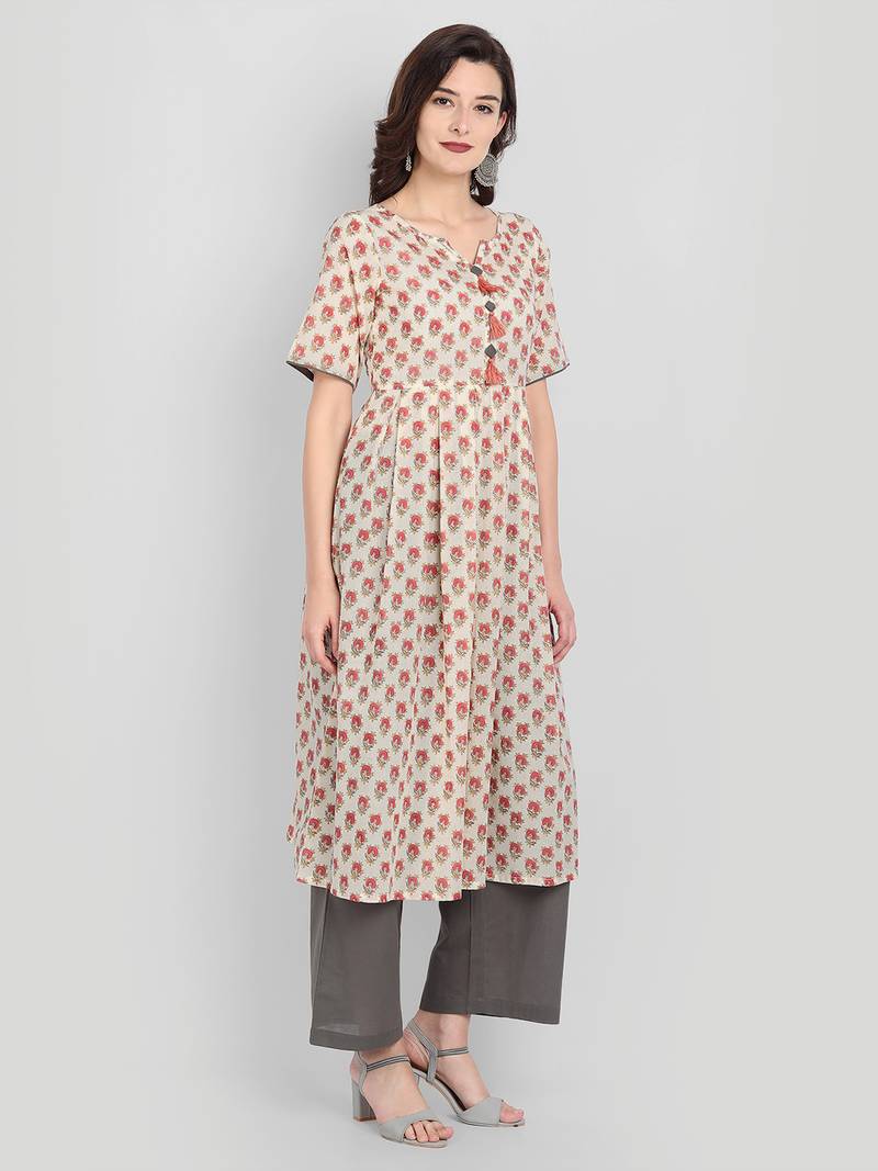 Casual Off White Printed Kurta With Solid Grey Palazzo Pants