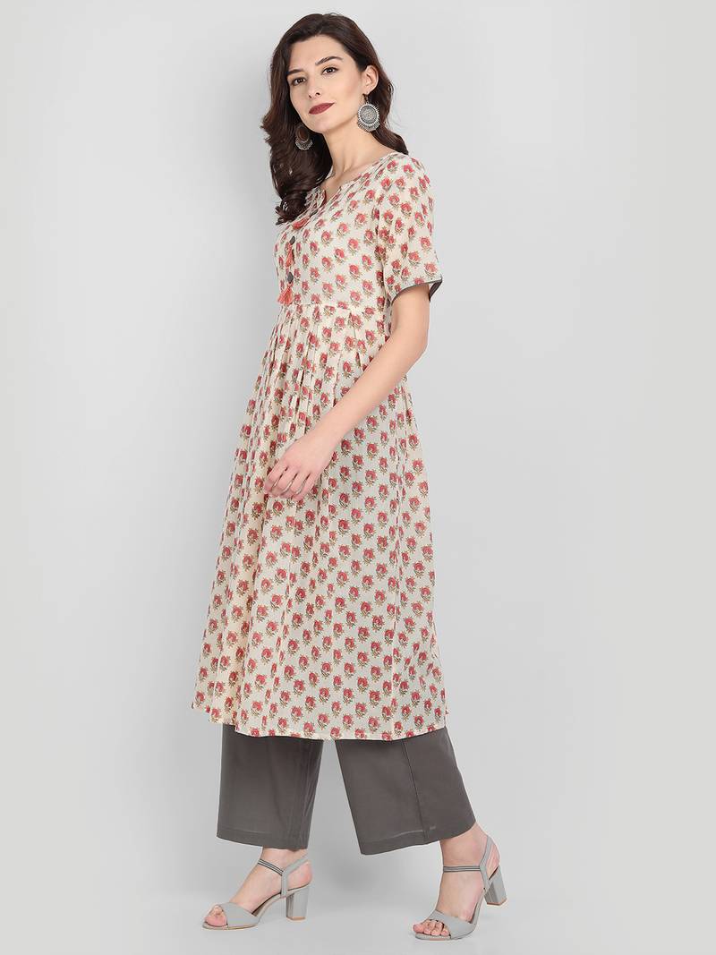 Casual Off White Printed Kurta With Solid Grey Palazzo Pants