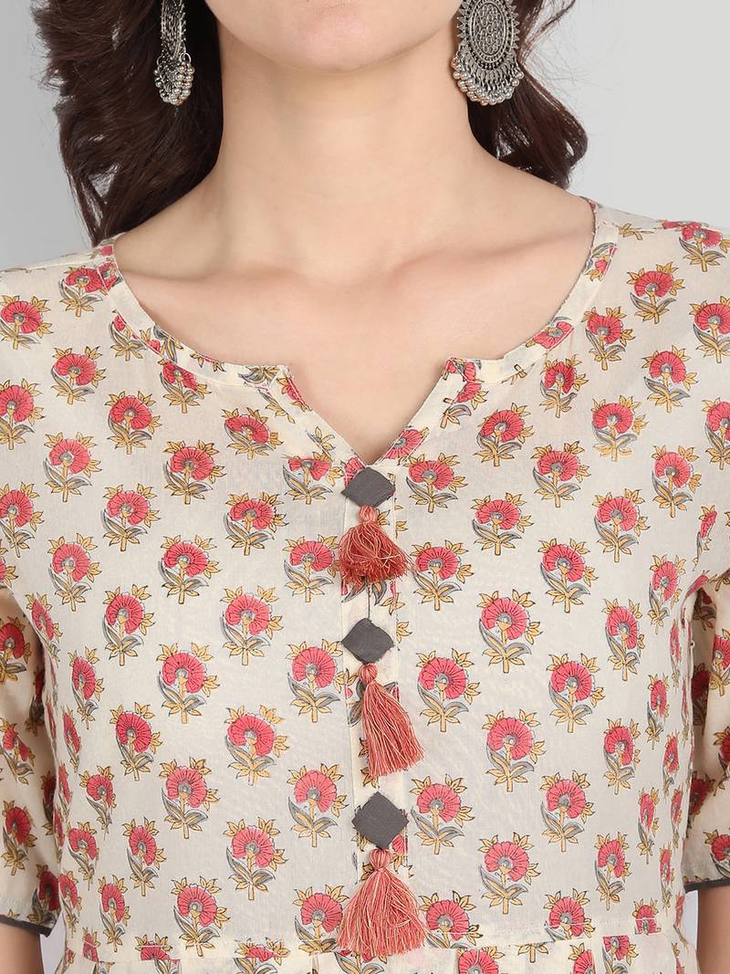 Casual Off White Printed Kurta With Solid Grey Palazzo Pants