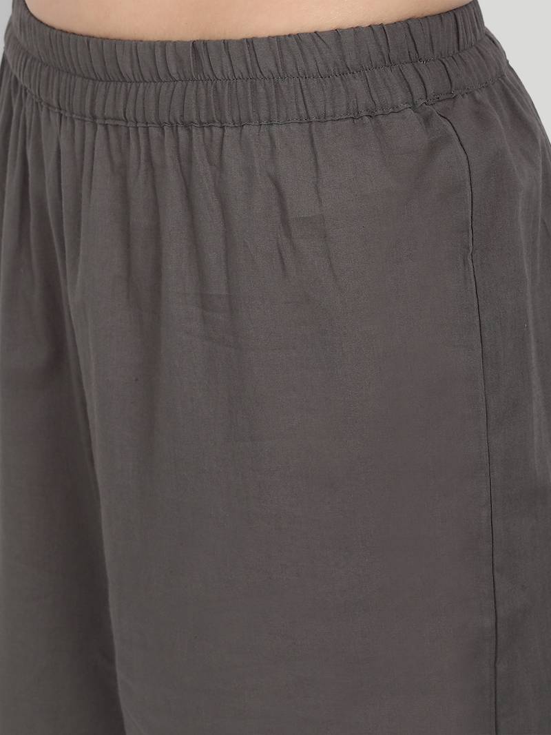 Casual Off White Printed Kurta With Solid Grey Palazzo Pants