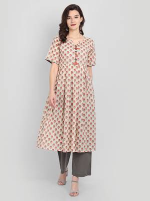 Casual Off White Printed Kurta With Solid Grey Palazzo Pants 7