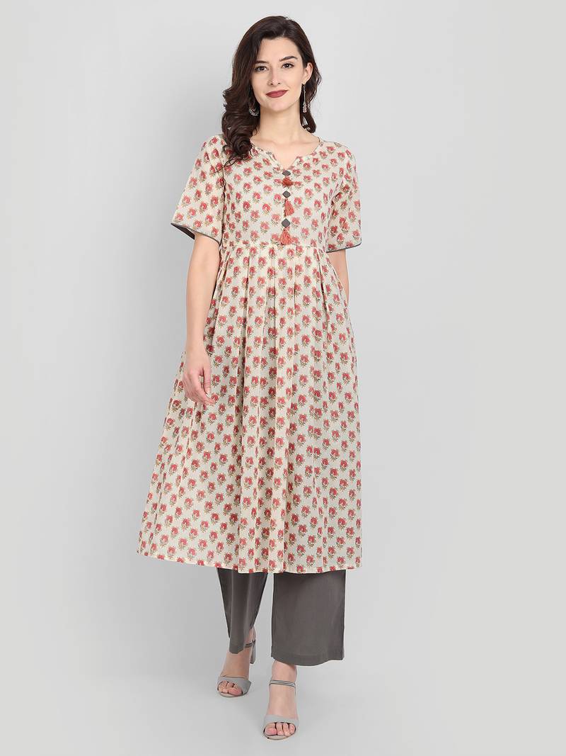 Casual Off White Printed Kurta With Solid Grey Palazzo Pants