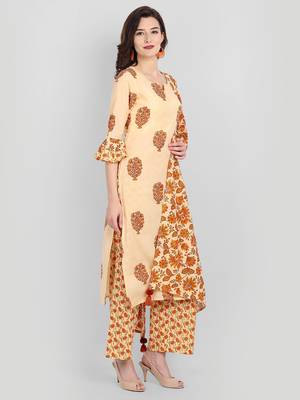 Casual Camel Multicolor Printed Kurta Set With Dupatta 3