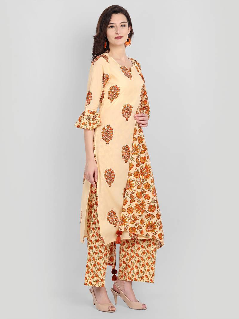 Casual Camel Multicolor Printed Kurta Set With Dupatta