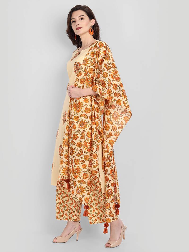 Casual Camel Multicolor Printed Kurta Set With Dupatta