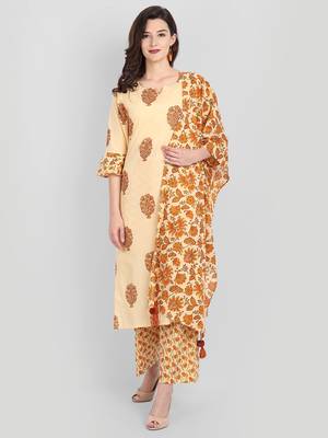 Casual Camel Multicolor Printed Kurta Set With Dupatta 7