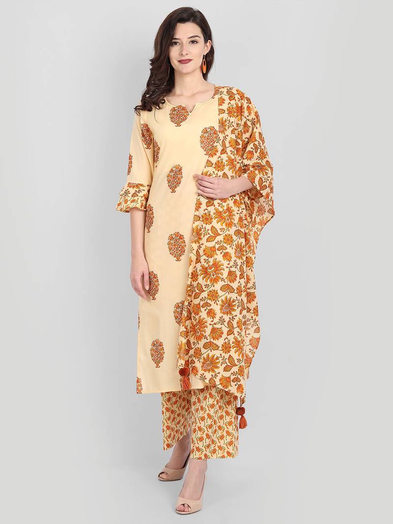 Casual Camel Multicolor Printed Kurta Set With Dupatta
