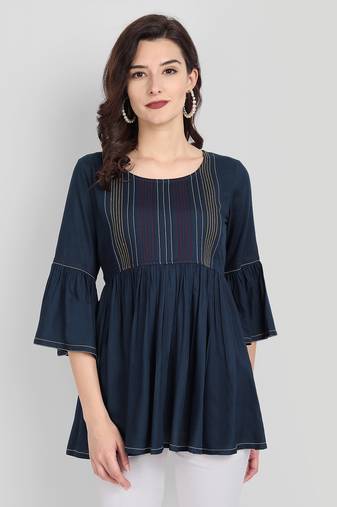 Casual Rayon Navy Blue Solid Top (Navy Blue )