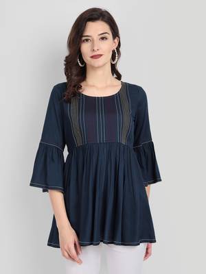 Casual Rayon Navy Blue Solid Top (Navy Blue ) 1