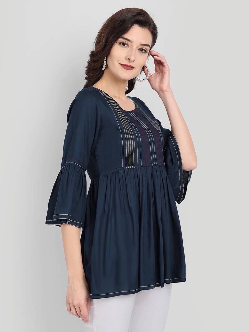 Casual Rayon Navy Blue Solid Top (Navy Blue )