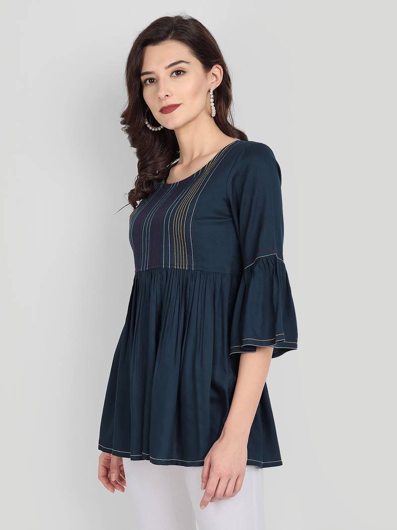 Casual Rayon Navy Blue Solid Top (Navy Blue )
