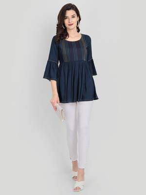 Casual Rayon Navy Blue Solid Top (Navy Blue ) 6