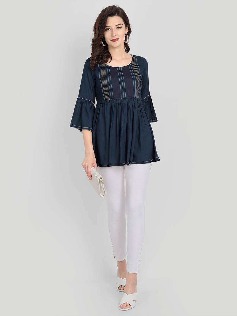 Casual Rayon Navy Blue Solid Top (Navy Blue )