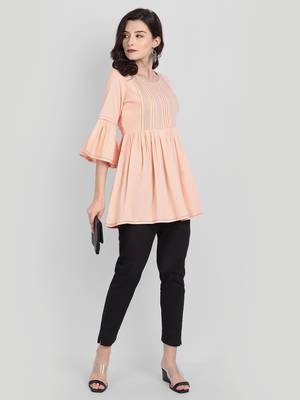 Casual Rayon Peach Solid Plain Top (Peach) 3