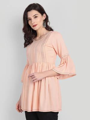 Casual Rayon Peach Solid Plain Top (Peach) 4