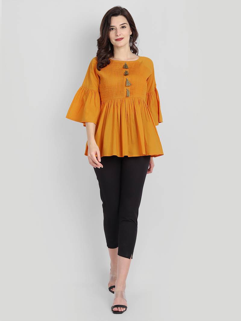Casual Cotton Mustard Solid Top (Mustard)