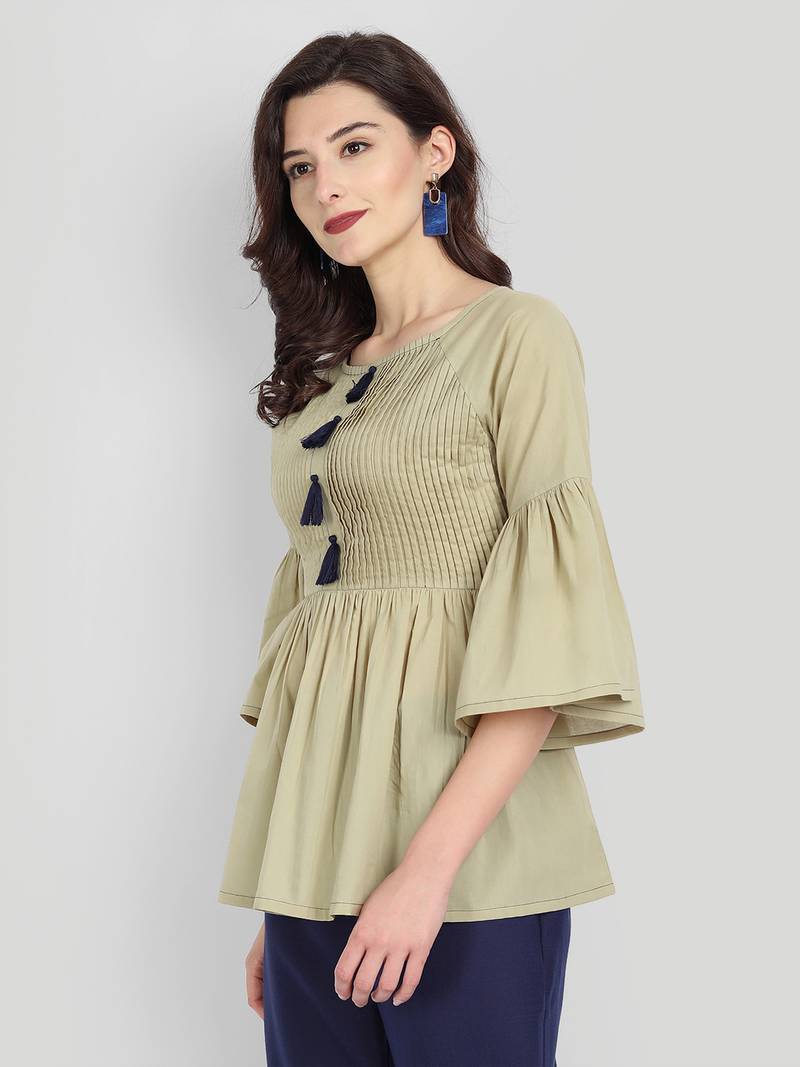 Casual Cotton Sage Green Solid Top ( Sage Green )