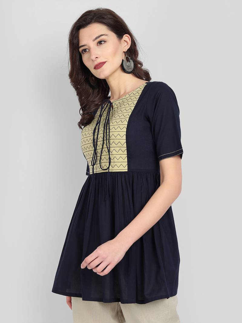 Festive & Party Wear Cotton Navy Blue Solid Top