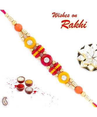 Red & Yellow Circular Beads Mauli Rakhi with Crystal Stone 1
