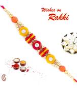 Red & Yellow Circular Beads Mauli Rakhi with Crystal Stone