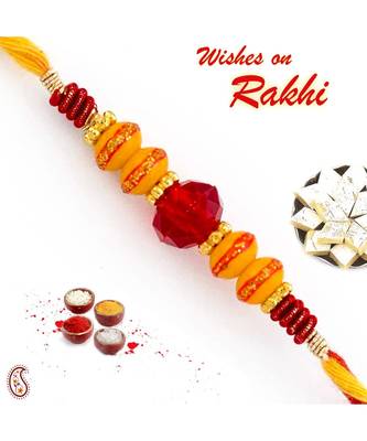 Red Crystal Stone & Deep Yellow Beads Studded Thread Rakhi 1