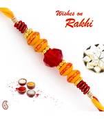 Red Crystal Stone & Deep Yellow Beads Studded Thread Rakhi