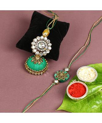 Auspicious Golden Flower with Green Dome Shaped Lumba Bhaiya Bhabhi Rakhi Set 1