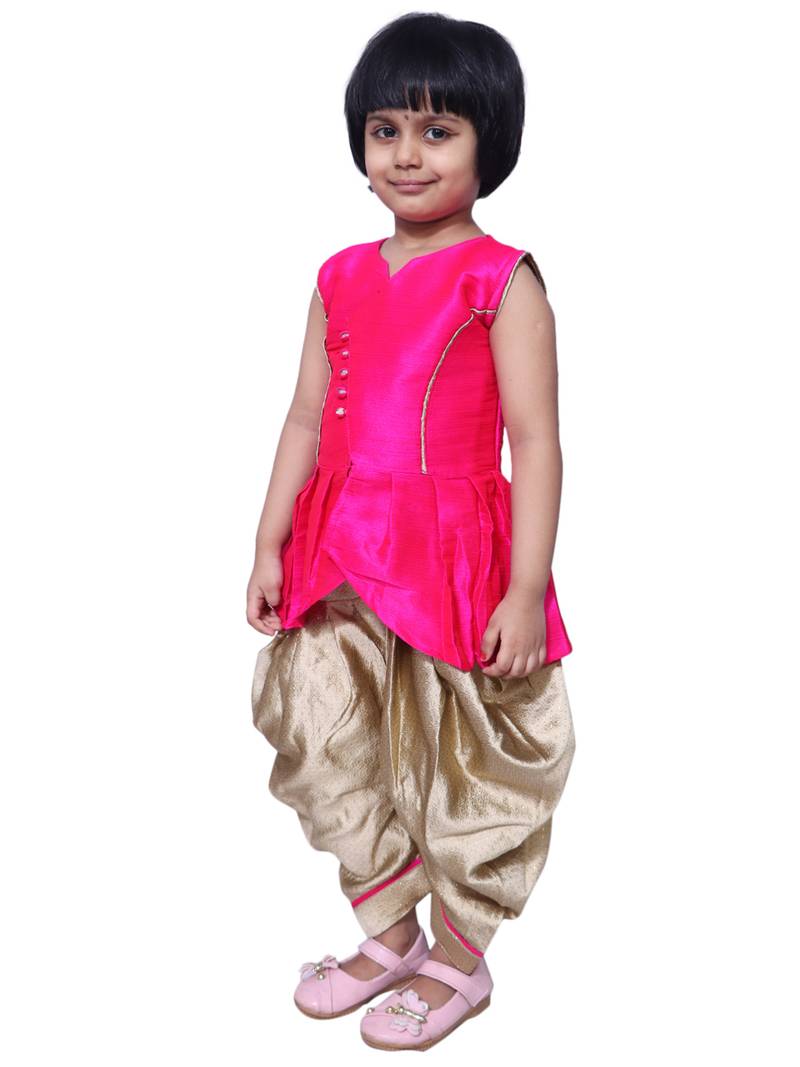 Pink Embellish Bangoli Cotton Cropped Kurta Paired with Dhoti Set For Girls