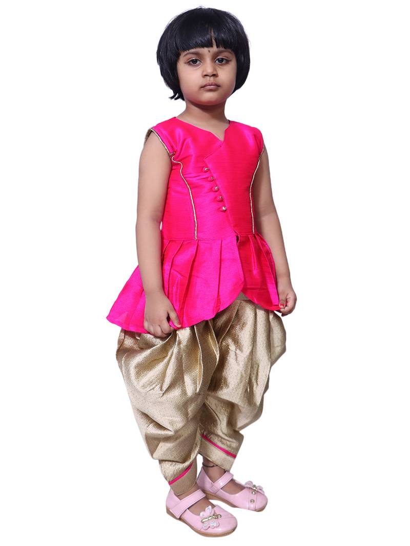 Pink Embellish Bangoli Cotton Cropped Kurta Paired with Dhoti Set For Girls