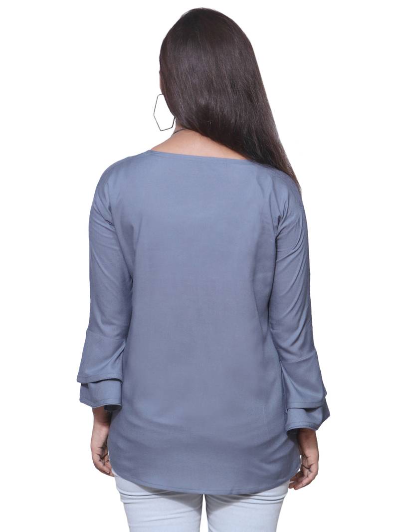 Grey Bell Sleeves Rayon Top For Girls