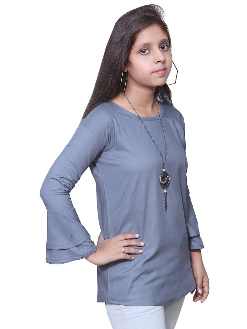Grey Bell Sleeves Rayon Top For Girls