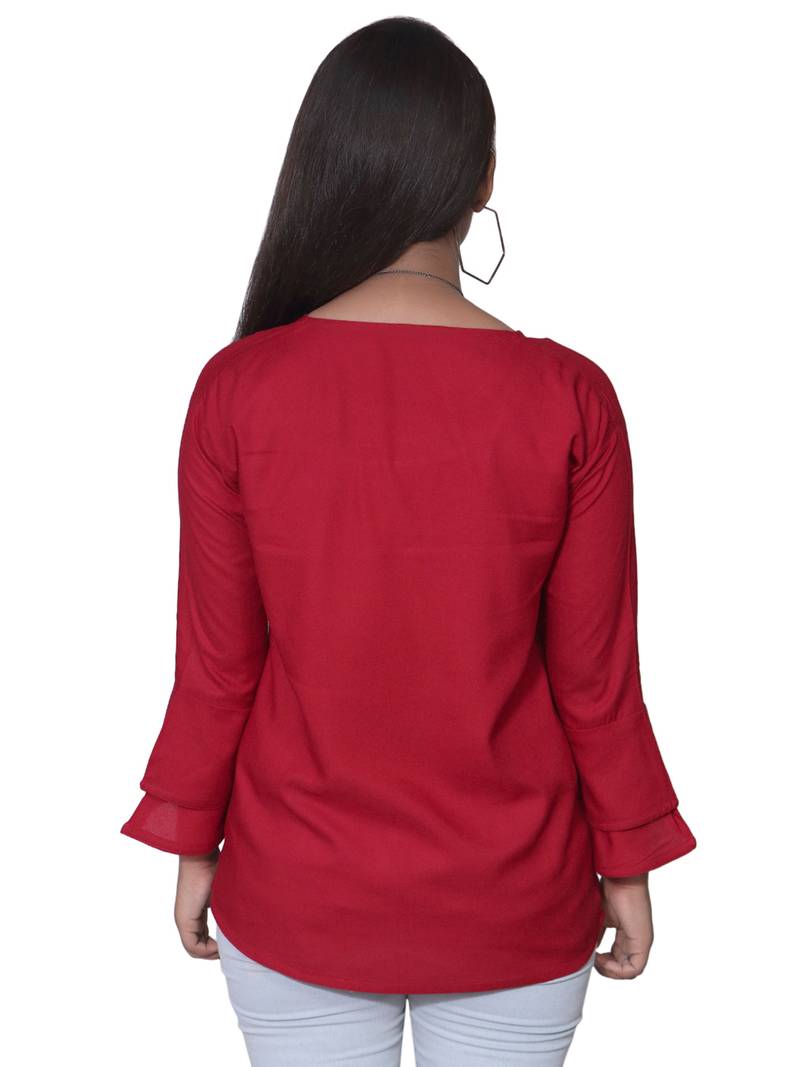 Maroon Bell Sleeves Rayon Top For Girls