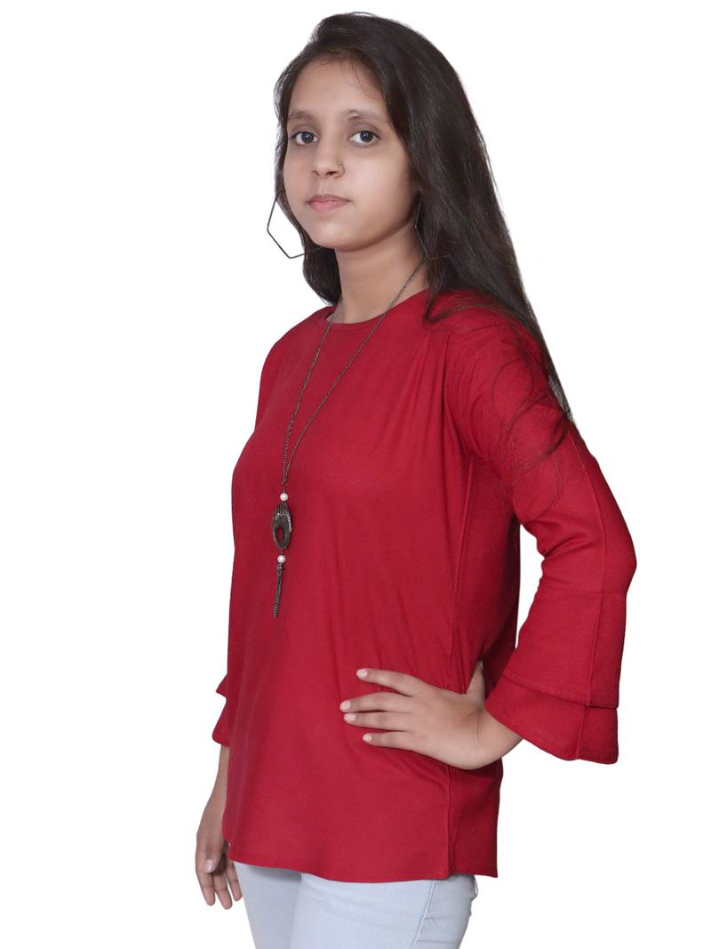 Maroon Bell Sleeves Rayon Top For Girls