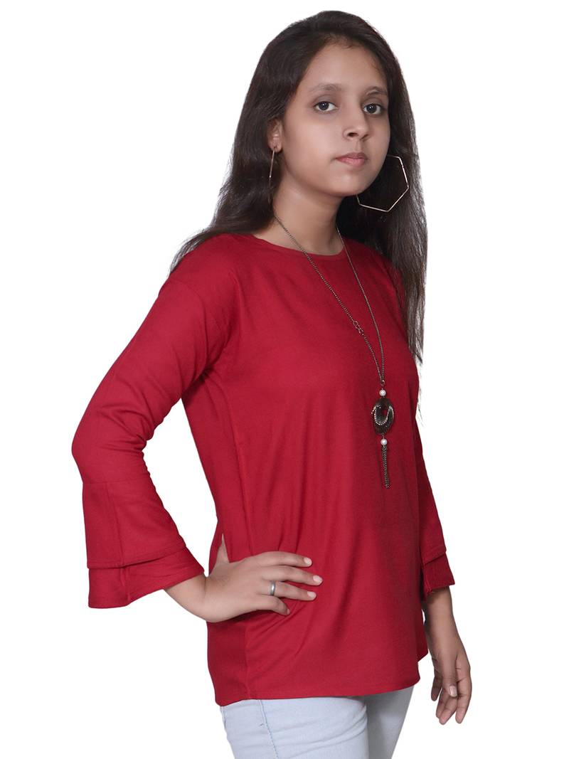 Maroon Bell Sleeves Rayon Top For Girls