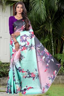 Multicolor printed satin saree with blouse