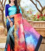 Multicolor printed satin saree with blouse