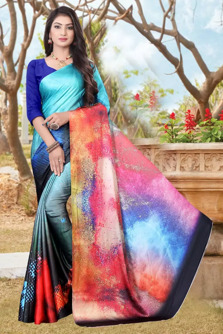 Multicolor printed satin saree with blouse