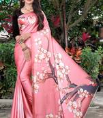 Pink printed satin saree with blouse