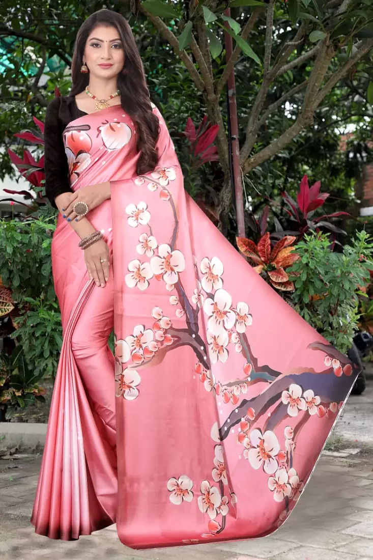 Pink printed satin saree with blouse