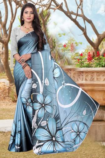 Blue printed satin saree with blouse