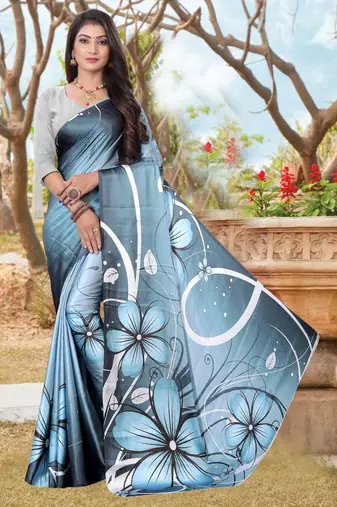Blue printed satin saree with blouse
