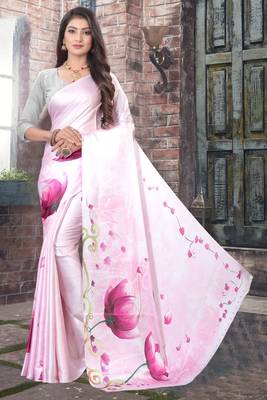 Light pink printed satin saree with blouse 1