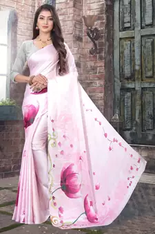 Light pink printed satin saree with blouse