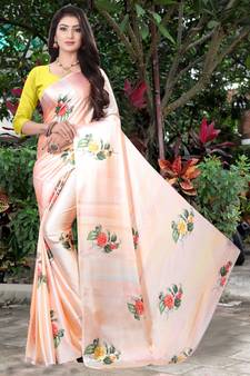 Peach printed satin saree with blouse
