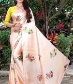 Peach printed satin saree with blouse