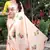 Peach printed satin saree with blouse