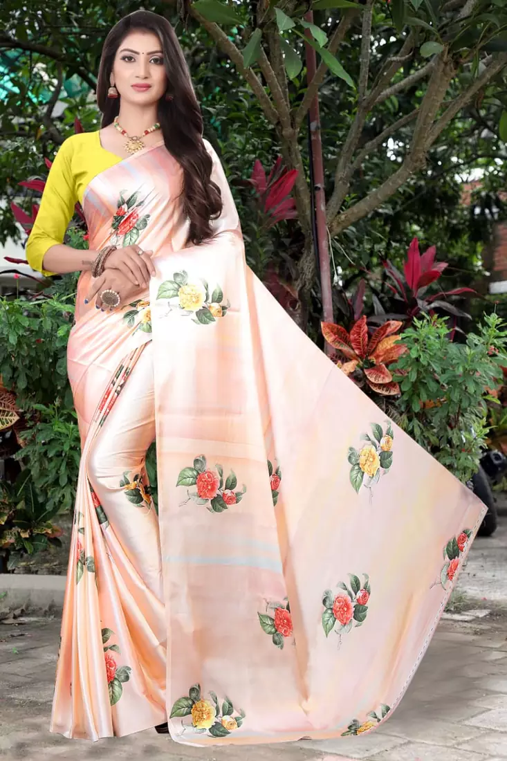 Peach printed satin saree with blouse