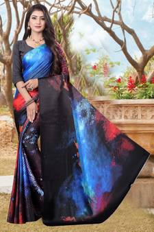 Multicolor printed satin saree with blouse